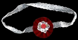 hair accessory:  velvet/scalloped lace doily with rosette on lace stretch band