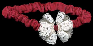 hair accessory:  lace fan bow on corduroy burgundy stretch band