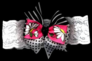 dot/stripe/flower printed grosgrain ribbon bow on lace stretch band