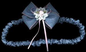 chambray bow with lace doily, ribbon and rosette trim on chambray stretch band