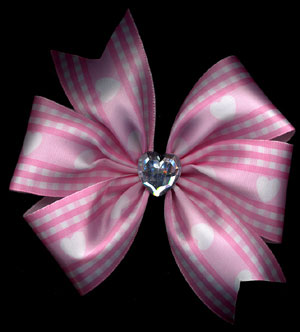 pink gingham and heart print ribbon hair bow clip with crystal heart motif