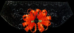 Halloween feather-edge satin multi loop bow with black rosebud on black stretch lace band