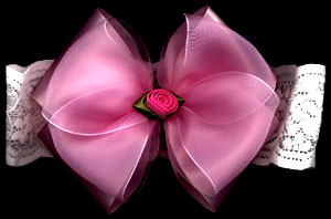 large white chiffon/satin bow with rosebud on white wide lace stretch band