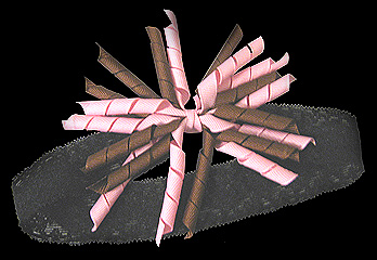 pink/brown grosgrain curly-q on black stretch lace head wrap