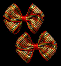 red/gold woven holiday plaid bow on salon clip pair