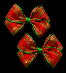 red/green woven holiday plaid bow on salon clip pair