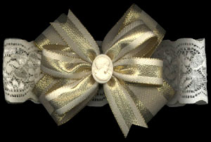 Gold Striped Bow with Cameo on Ivory Wide Lace Stretchband