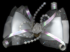Iridescent Organza Tulle/Satin Overlay Bow with iridescent bead and curling ribbon trim and satin rosebud center