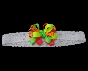 Neon satin and ric-rac multi-loop bow on lace stretchband