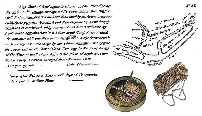 March 1730: Survey by John Chapman of acreage surrounding the DupuiTrading Post; primary image source: http://www.phmc.state.pa.us/bah/dam/rg/di/r17-114CopiedSurveyBooks/Books%20D1-D90/Book%20D86/Book%20D-86%20pg%20567.pdf